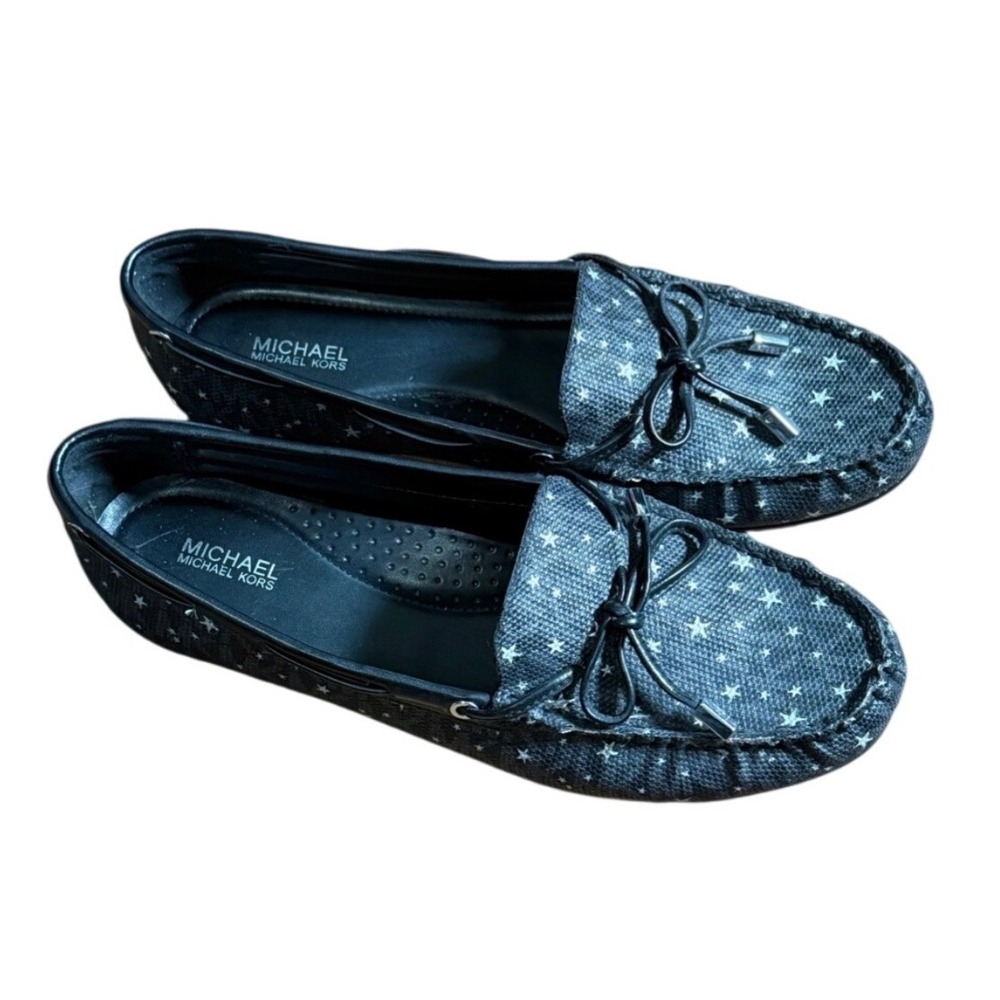 NEW Michael Michael Kors Star Print Canvas Loafers Black Silver Flats Womens 8.5